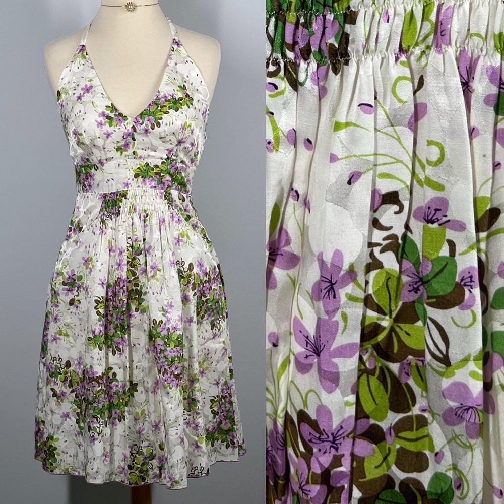 ANNA SUI for ANTHROPOLOGY Lilac Silk A-Line Halter Dress
